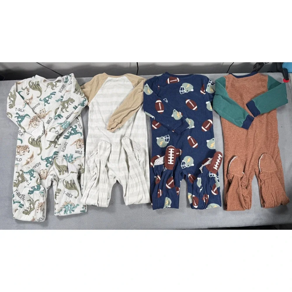 Lot of 4 Kids Headquarters Carters Footed Pajama Boys Sleeper Football Dinosaur
